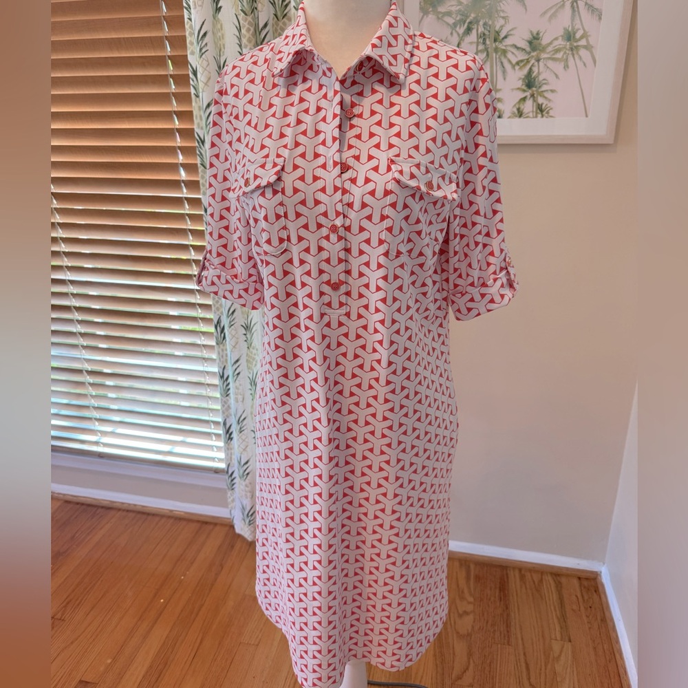 J.McLAUGHLIN Lawrence Shirt Dress Coral Pink 3/4 Sleeve Stretchy Popover NWT